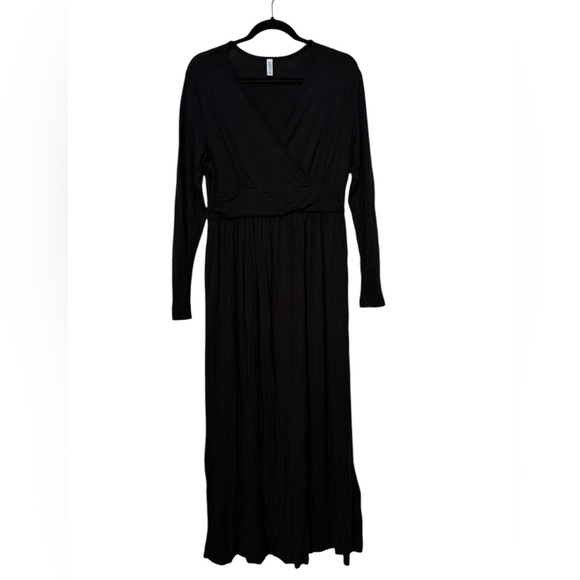 Long Modest Black Jersey Knit Nursing Maternity Friendly‎ Long Sleeve Maxi Dress - Picture 1 of 4